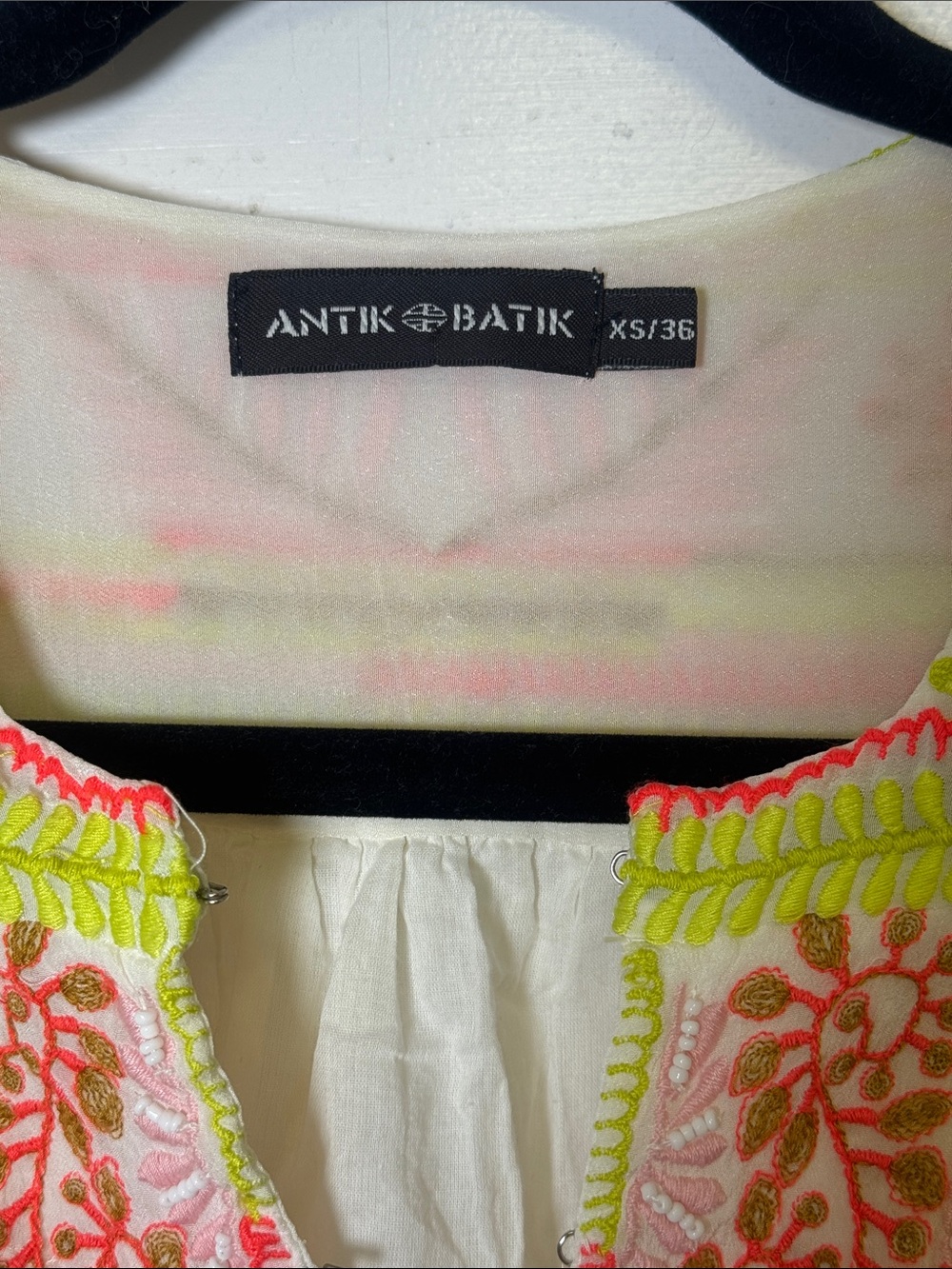 Antik Batik Embroidered Boho Tunic Dress XS White Neon Beaded Resort Coverup - Picture 2 of 11